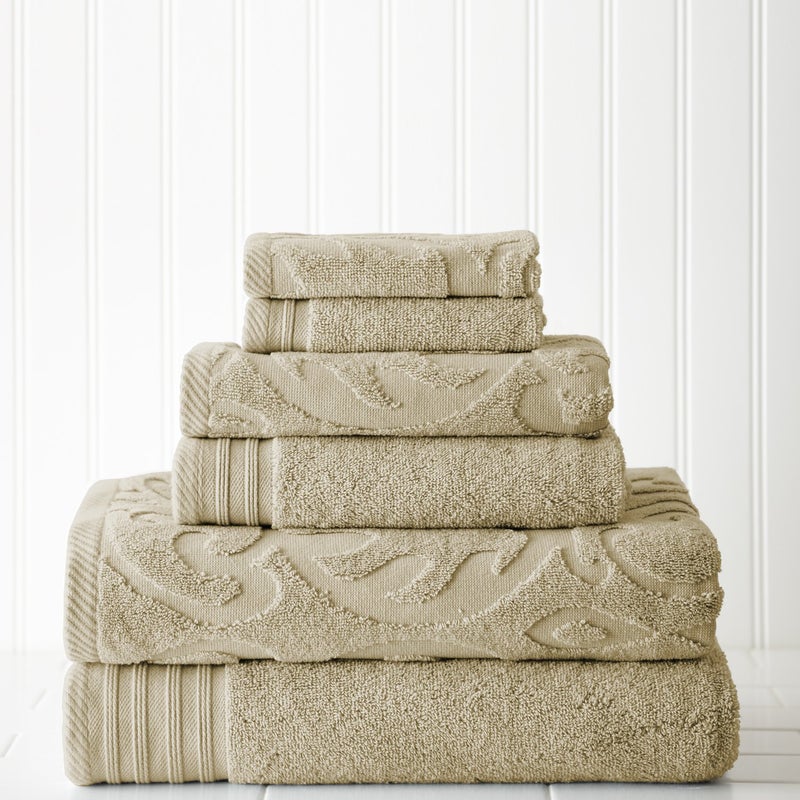 Modern Threads 6 Piece Jacquard/Solid Towel Set-Medallion Swirl Taupe
